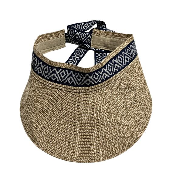 Womens Sea & Grass Straw Visor Sunvisor Sun Hat with Navy Blue Ties NWT - Picture 1 of 9